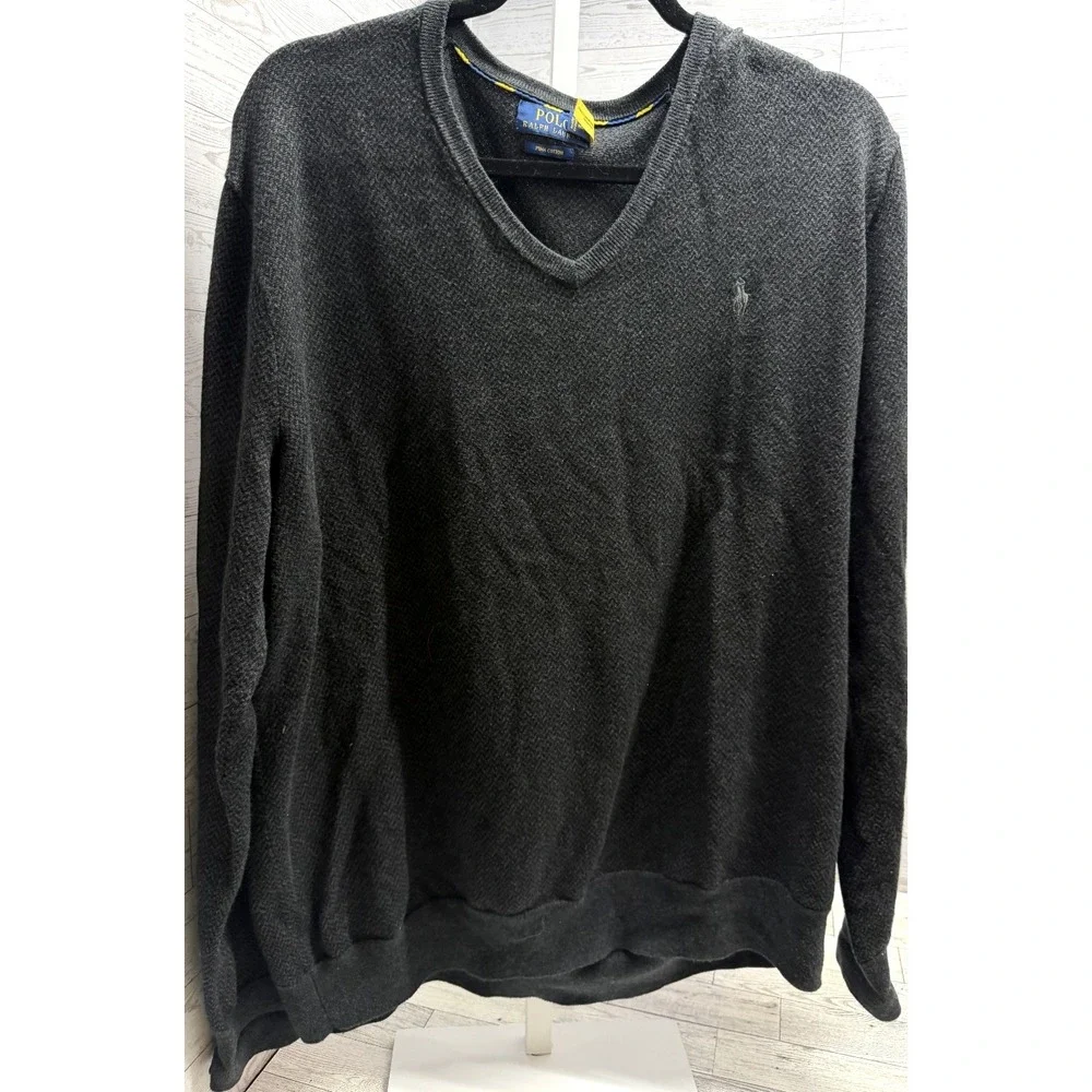Polo Ralph Lauren V-Neck Herringbone Black Gray Sweater Pullover Size XL‎ XLARGE